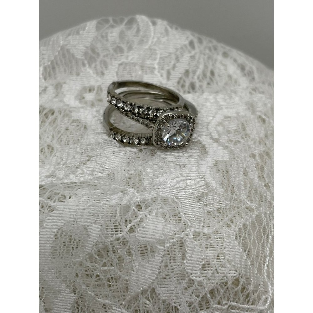 Square Halo Round Cut Faux Diamond Ring & Stacked Ring Set Silver 925- 3 Rings - Picture 1 of 11